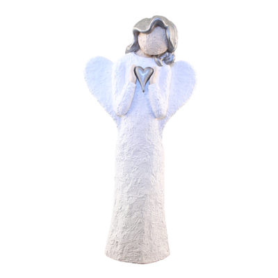 Engel holder spisst sølvhjerte, 33 cm, hvit, sølv hår, håndlagd av Lillesanddesign.no
