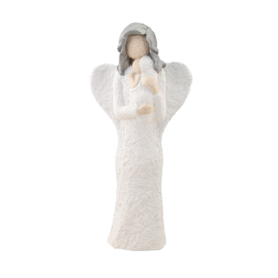 Engel holder lite barn, 33 cm, sølv hår, håndlagd av Lillesanddesign.no