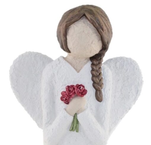 Engel med flette og roser, brunt hår, 33 cm, håndlagd av lillesanddesign.no