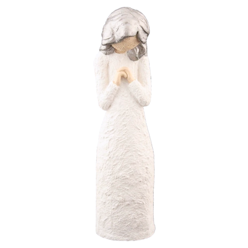 Jentefigur med foldede hender, sølv hår, bøyd hode, 21cm