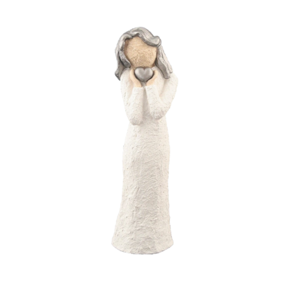 Jentefigur holder sølvhjerte, sølv hår, 21 cm, håndlagd av Lillesanddesign.no