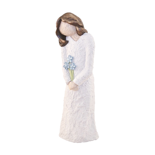 Jentefigur med blå blomster og brunt hår, 21 cm, håndlagd av Lillesanddesign.no