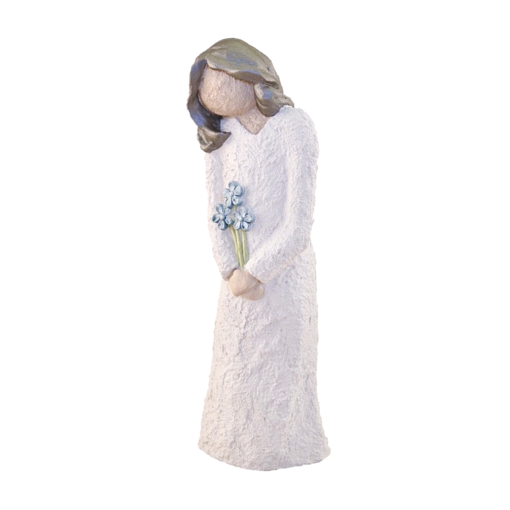 Jentefigur med blå blomster og sølv hår, 21 cm, håndlagd av Lillesanddesign.no