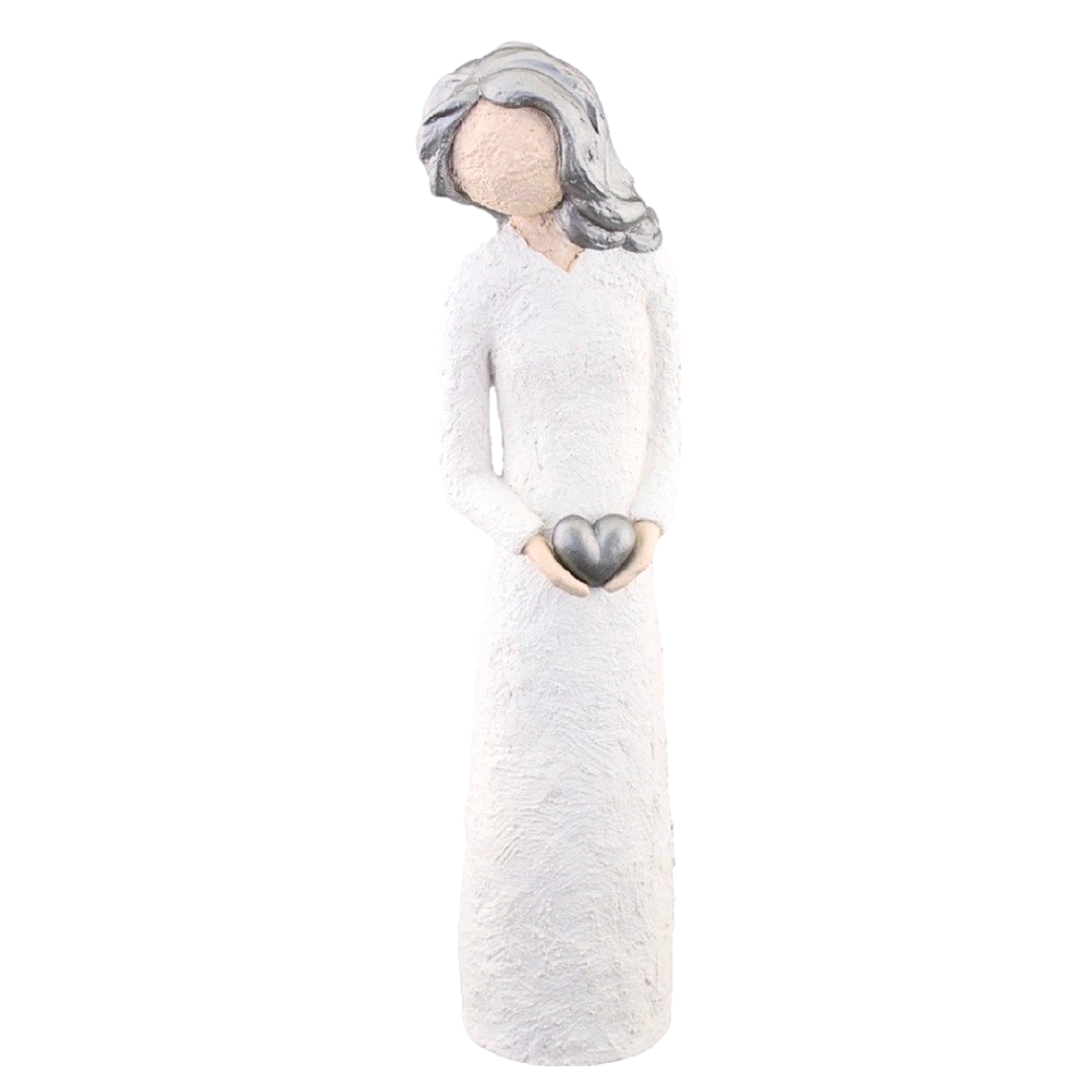 Damefigur holder lite sølvhjerte, sølv hår, 33 cm
