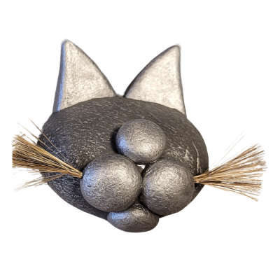 Kattefigur stålfarget med værhår 10 cm dia